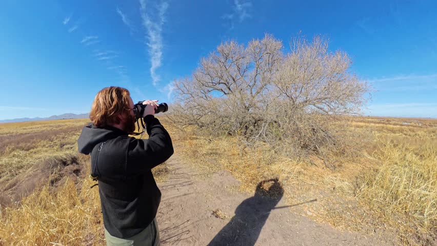 Photographer filming a bird in a dry tree in the Arizona Grassland.