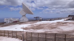 Radio telescope observatory in snowy mountains. Travelling aerial view. Telescope in high mountains. Sierra Nevada. Spain. - Powered by Shutterstock - Get 15% off with code: PIKWIZARD15