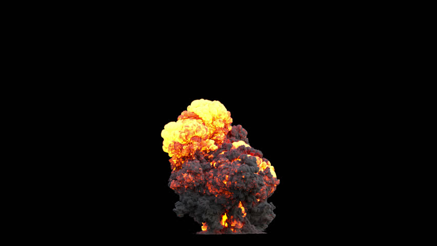 Large fire explosion with bright flames and thick black smoke rising on a transparent background. High-detail smoke plumes and intense fire glow.