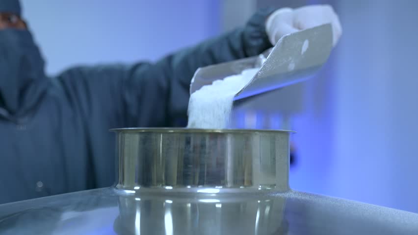 powder medicine mixing and blending process close up. dusting powder chemical pharma ingredient in a large equipment production line in a pharma manufacturing plant factory	
