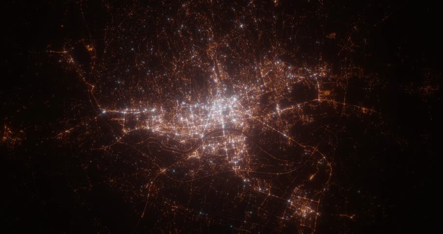 Zagreb (Croatia) aerial view at night. View on modern city from space. Camera is zooming in, rotating counterclockwise