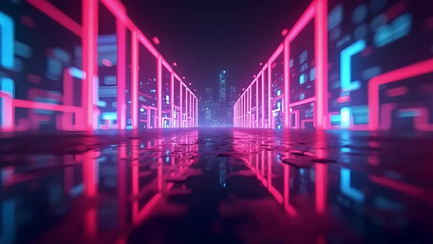 Cyberpunk city neon reflections, Abstract futuristic urban landscape