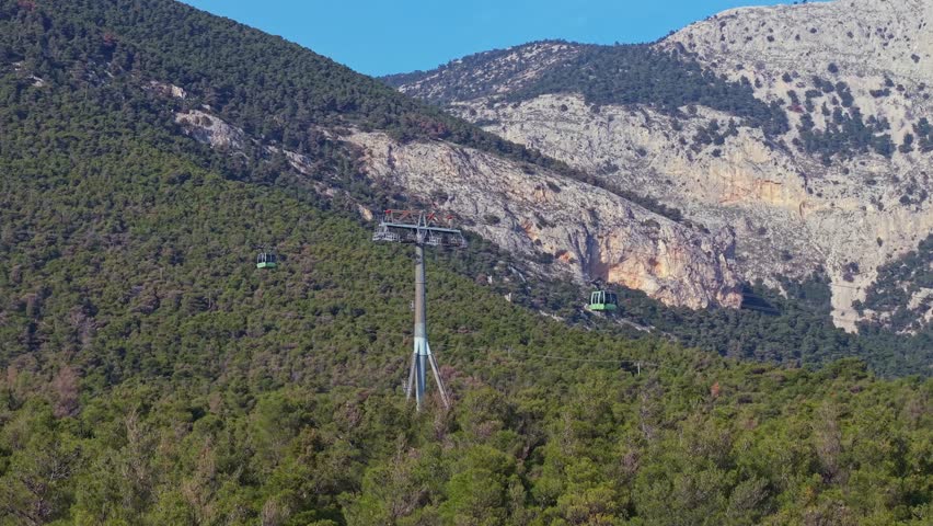 A footage of a cable car moving over the green forest of Parnitha