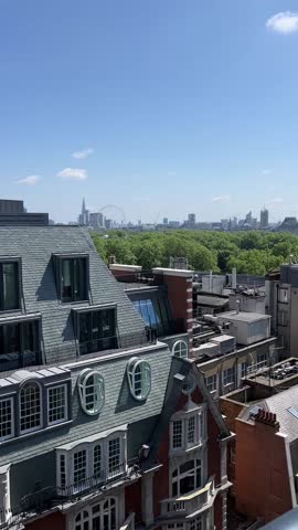 London view from a luxury hotel room in Mayfair. The cityscape features the clock tower, observation wheel London Eye and classic British architecture