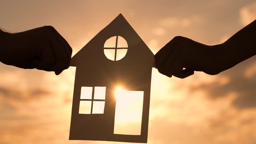 Single family house. People dream of buying house. Home for children parents. Family hands hold paper house sunset. Concept of building family home for parents, mom dad kids. Symbol of home, happiness