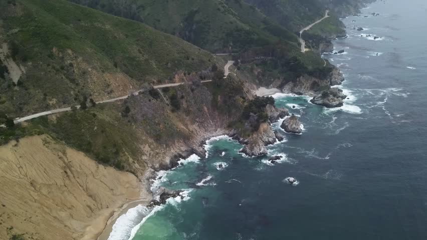 Big Sur Mcway Falls High Wide Aerial Tilt Up June Gloom