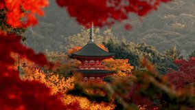 The iconic pagoda of Kiyomizu-dera Temple in Kyoto, Japan, stands majestically against a golden sunset, surrounded by vibrant red and yellow autumn foliage. - Powered by Shutterstock - Get 15% off with code: PIKWIZARD15