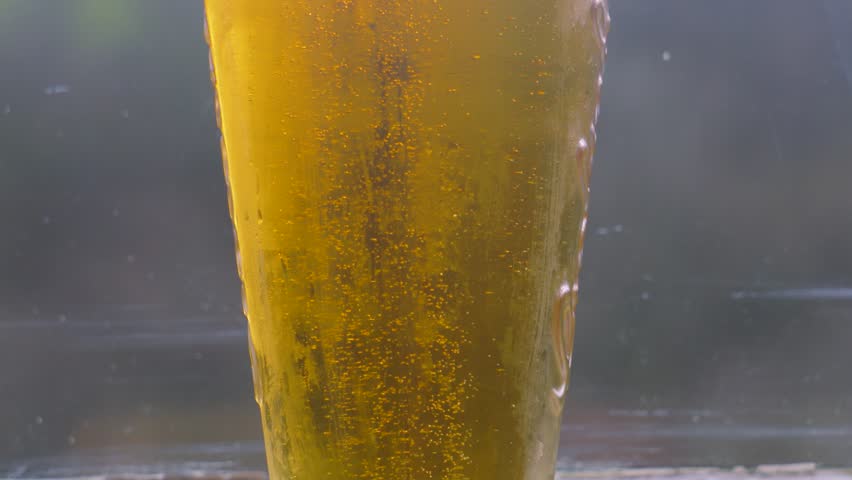 Pan Up Shot of Fresh Cool Lager Beer in Pint Glass with Bubbles Rising in Slow Motion Ready to Enjoy on Hot Summer Day with Glass Background. Alcohol Beverage 4K.