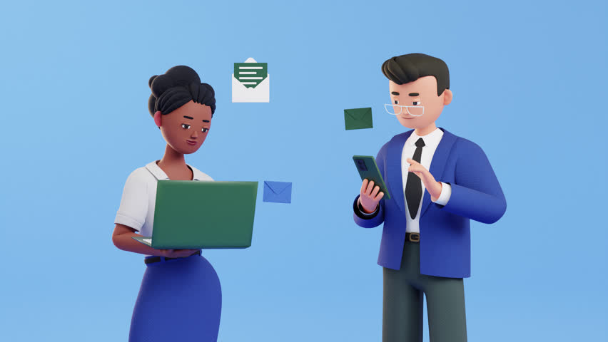 Businessman and woman character animation. communication, conversation, new message, online chat, Social network concept. Chatting with friends and sending text messages. 3d render, cartoon style