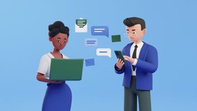 Businessman and woman character animation. communication, conversation, new message, online chat, Social network concept. Chatting with friends and sending text messages. 3d render, cartoon style - Powered by Shutterstock - Get 15% off with code: PIKWIZARD15
