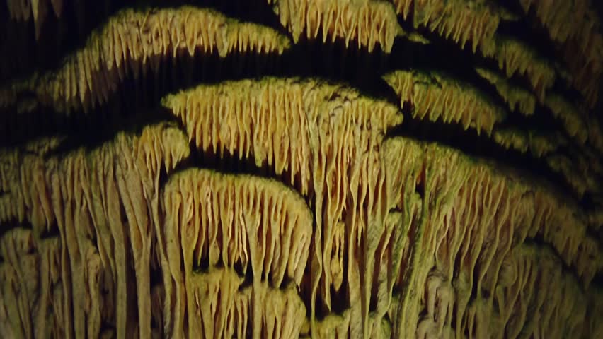 Calcite And Stalactite Formations Inside Carlsbad Caverns - Carlsbad Caverns National Park, New Mexico, USA. low angle, tilt-down