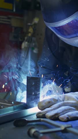 Skilled craftsman with a protective helmet and safety gear, carefully welding together metal pieces to create a sturdy construction, close up shot.