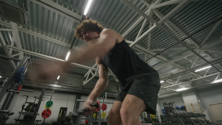 Strong muscular man doing intense battle rope exercise during training session in modern gym with weightlifting equipment. Zoom-in shot