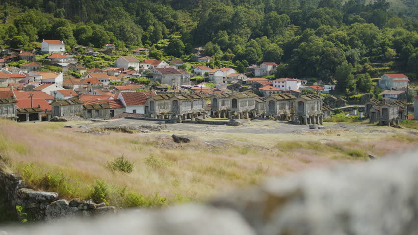 Granaries near the Castle de Lindoso, medieval castle in the district of Viana do Castelo in Portugal.