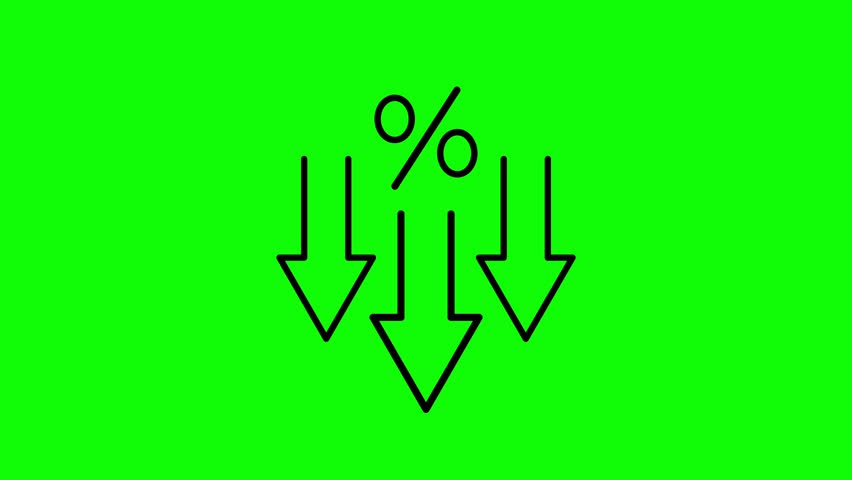 Arrows with percentages animate downward, showing a decrease in interest rates