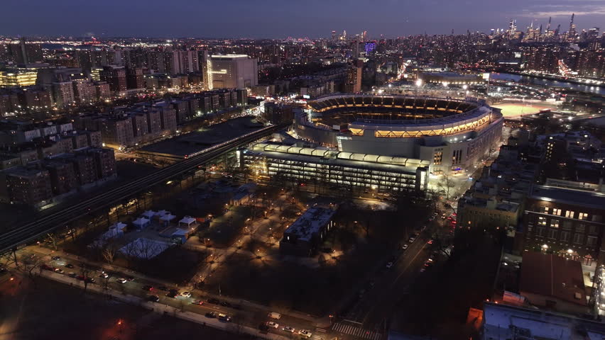 Aerial view of Yankee Stadium at night. Shot in The Bronx, New York City