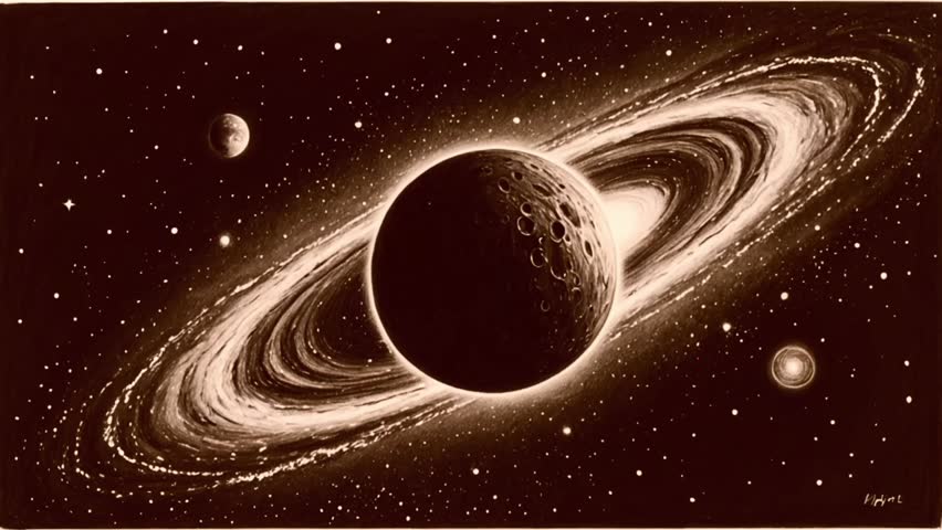 In the background, scattered sparkling stars and two other celestial objects (possibly moons or minor planets) are visible to the left and right of the main planet. This image was created using a blac