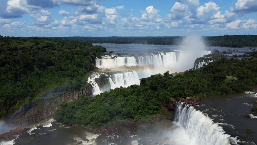 Aerial View Of Iguazu Falls With Fog On Border Of Misiones, Argentina and Parana, Brazil.