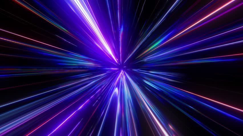 High speed traffic of flying neon colorful lines. Sci-fi digital footage electric move of dynamic streaks in dark backdrop. 3d seamless looping animation