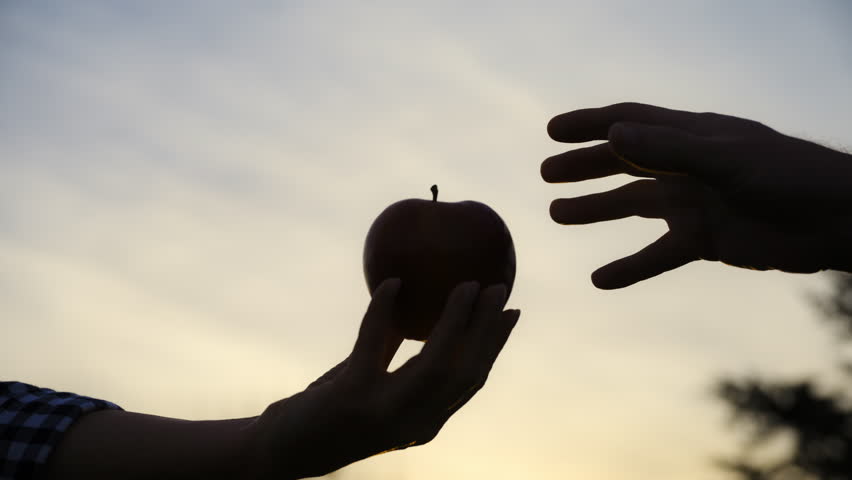 Two silhouetted hands of men and a women against a warm sunset. One hand is passing the apple to the other, creating a scene that symbolizes giving, sharing, or generosity. The background features a