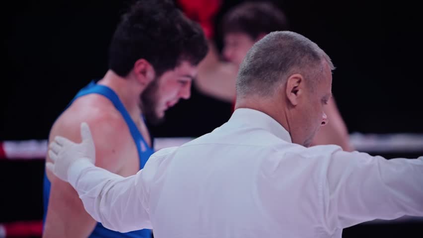 The boxing referee signals the end of the fight after the knockdown countdown. A boxer in a red outfit is seen on a blurred background celebrating his victory.