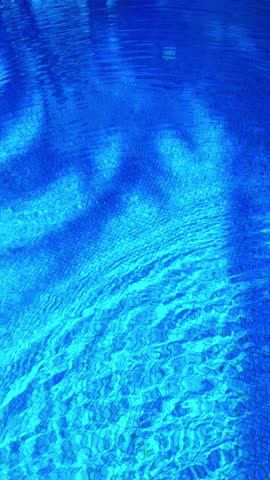 Reflection of palm tree shadows on the surface of a clear blue swimming pool under sunlight