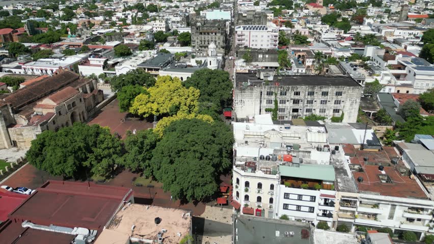 Aerial view of the cathedral Nuestra Señora de la Encarnación at Parque Colón and popular pedestrian street Calle El Conde in the Zona Colonial of Santo Domingo in the Dominican Republic