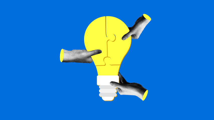 Modern collage with halftone hands holding a puzzle in a shape of light bulb. Team building concept. People holding a pieces of jigsaw. Teamwork. Team communication. Idea generation. Animation