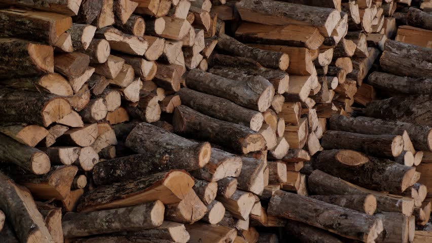 Close-up of a large pile of chopped dry wood for a fireplace or stove. Logs for the fire. Harvesting dry firewood for the winter. Lack of heating due to sanctions.