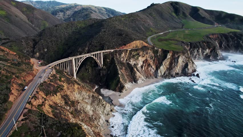 Bixby Bridge Rocky Creek Bridge in Big Sur California via Drone at Sunset