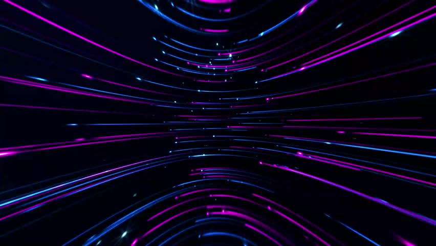 Red and blue neon light lines, glowing trails appearing and flowing to the middle with starry background for intro element, logo reveal, video opener.