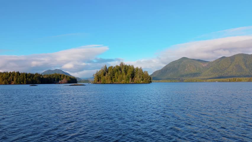 Drone shot of Tofino on Vancouver Island displaying autumn colors, rugged coastline, and ocean waves in a scenic aerial view.