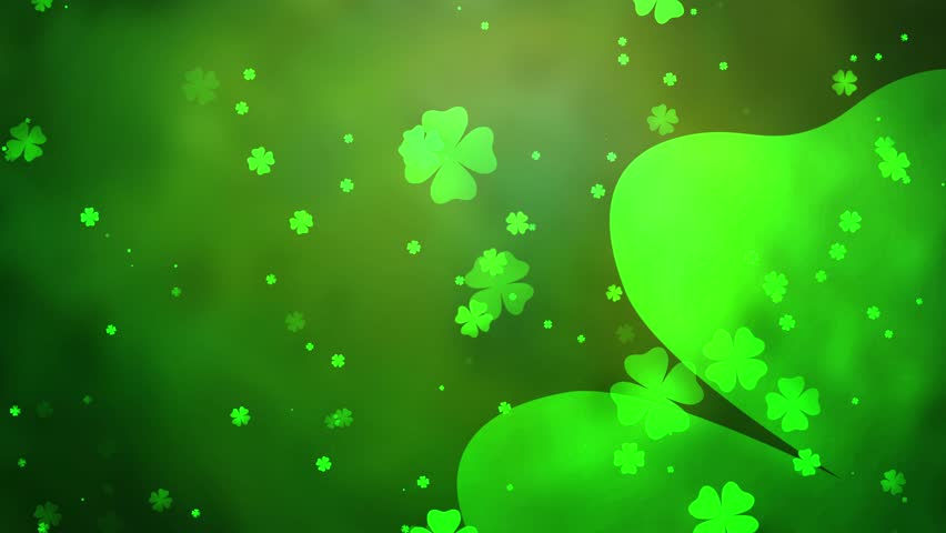 Loopable St. Patrick's Day Animation with Floating Shamrocks and Four Leaf Clovers Against a Green Abstract Background - Festive Backdrop