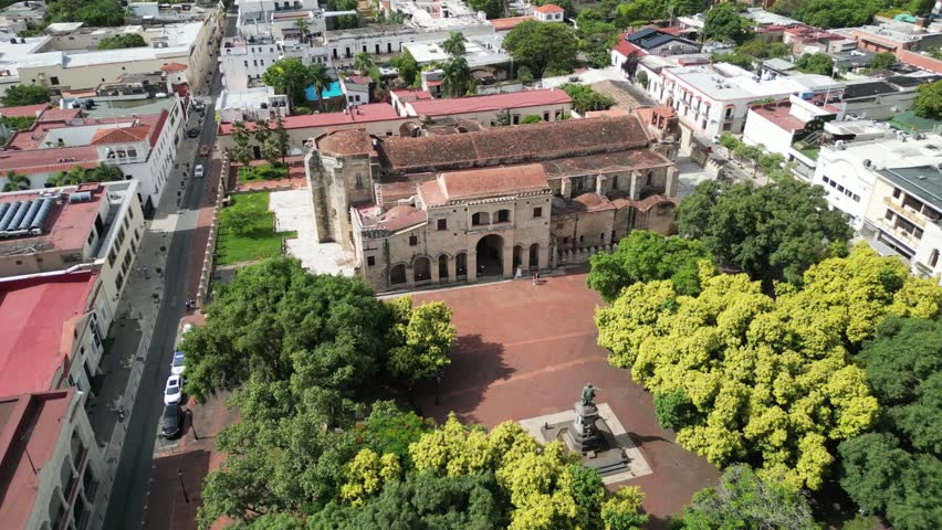 Aerial view of the cathedral Nuestra Señora de la Encarnación and Parque Colón in the historic Zona Colonial in the capital city of Santo Domingo in the Dominican Republic