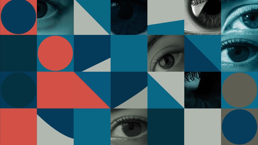 Funny animation of human eyes with geometric shapes in various colors. Modern, abstract aesthetic, ideal for creative and artistic themes. Abstract art of human eye and geometric shape. Adroitness.