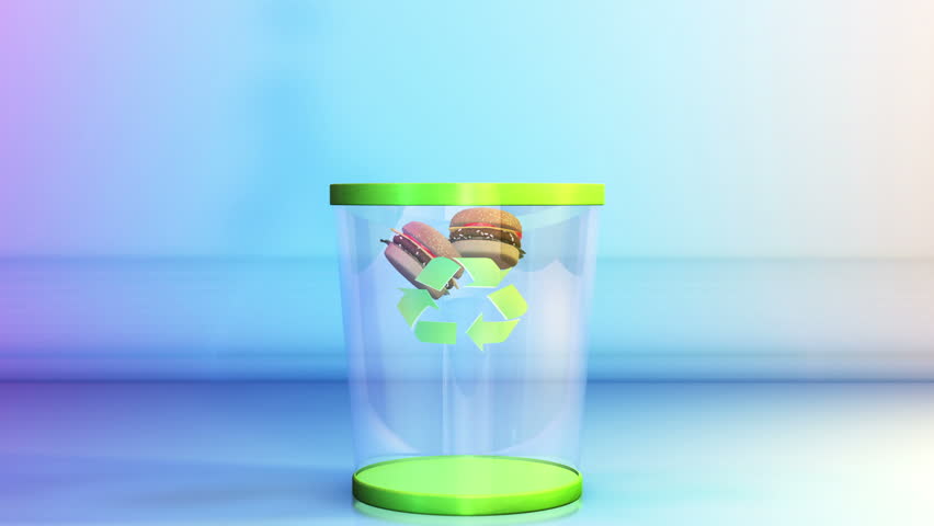 Cheeseburgers falling in a Garbage Bin, Dieting Concept
