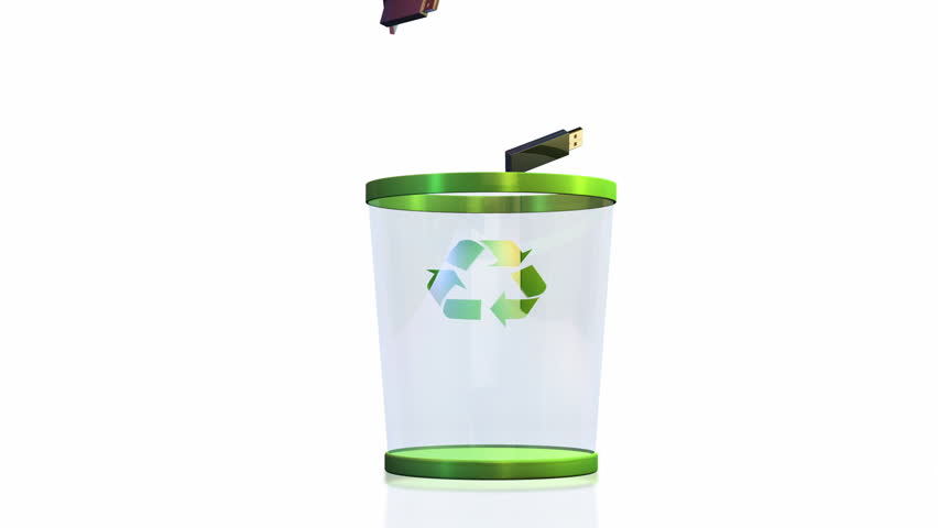 Recycle, USB falling into a Garbage Bin against white, Alpha