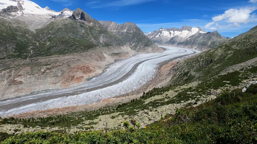 The large Aletsch Glacier in the Swiss Alps near Bettmeralp - static shot