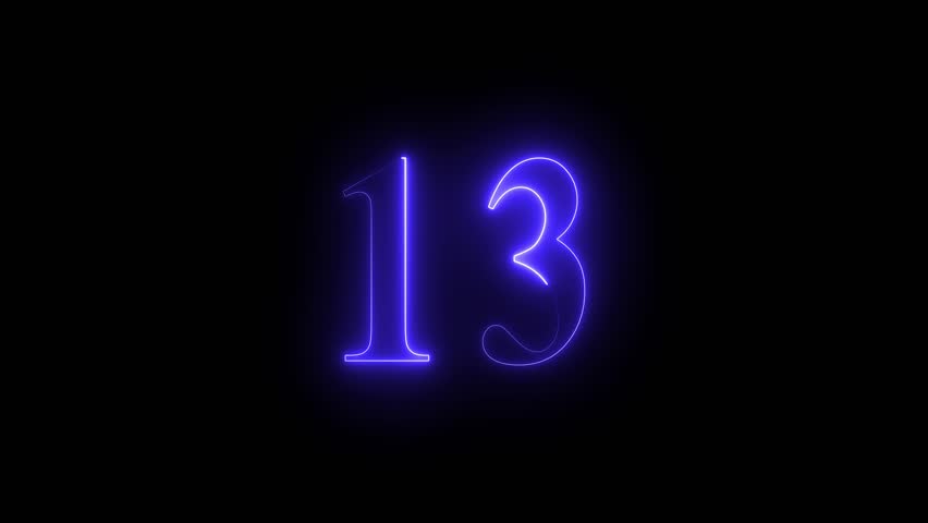 Neon 13 number 4k animation on black background. Neon dial 13 number glowing animation. 4k Neon number 13