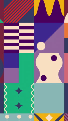 Multi vivid color seamless pattern from patches with geometric animated background. 