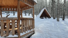 A wooden gazebo in the mountains, in a birch grove. Winter time. Nature. - Powered by Shutterstock - Get 15% off with code: PIKWIZARD15