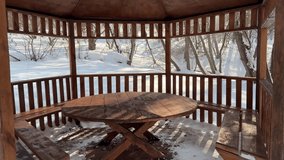 A wooden gazebo in the mountains, in a birch grove. Winter time. Nature. - Powered by Shutterstock - Get 15% off with code: PIKWIZARD15