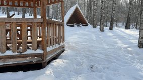 A wooden gazebo in the mountains, in a birch grove. Winter time. Nature. - Powered by Shutterstock - Get 15% off with code: PIKWIZARD15