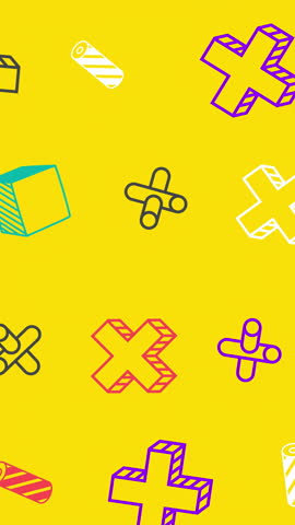 Memphis design abstract animated background. Random elements on loop yellow background. 4k animation
