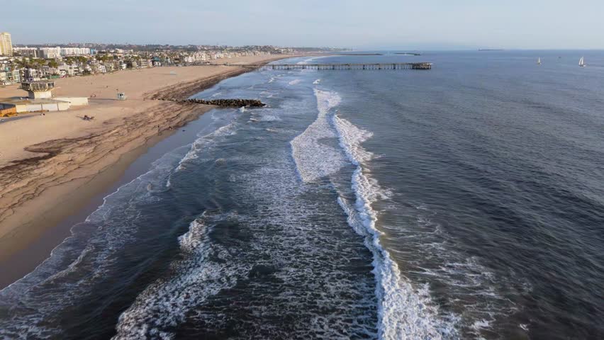 Aerial Forward Drone Shot Over Venice Beach and Pier, Los Angeles, California