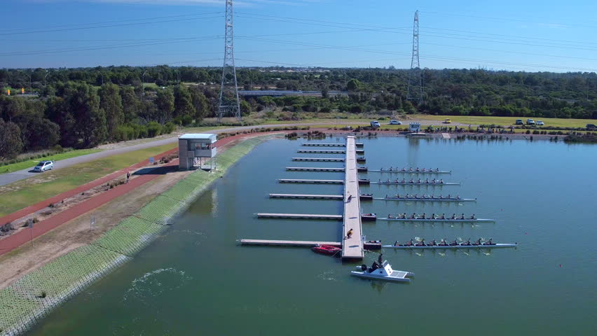 Rowing competition start captured by drone.