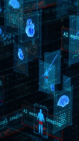 Futuristic fictional interface for ai driven healthcare, remote patient monitoring, online medical consultation and diagnosis, artificial intelligence medical imaging (3d render) vertical video