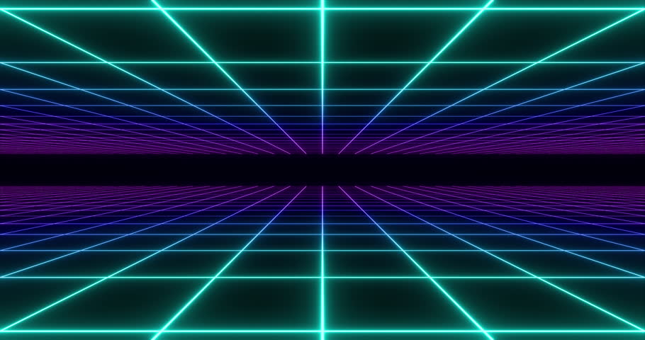 Futuristic glowing neon wireframe background. Shining grid planes in perspective. Bright retro digital horizon. 4K 3D rendering animation.