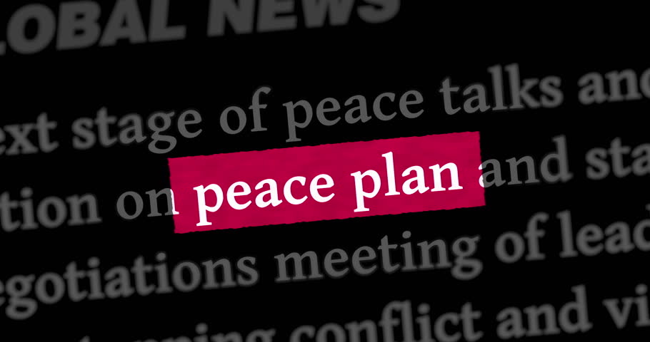 Peace plan and negotiations for end the war news titles across international web media search. Abstract concept of internet headline information on dynamic displays animation.