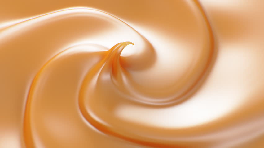Beautiful Wavy Caramel Toffee Swirl Close-up Slow Motion Looped 3d Animation. Realistic Smooth Cream Texture Turning Seamless. Orange Color Liquid Paste Macro Studio Shot Top View Luxury Concept 4k.